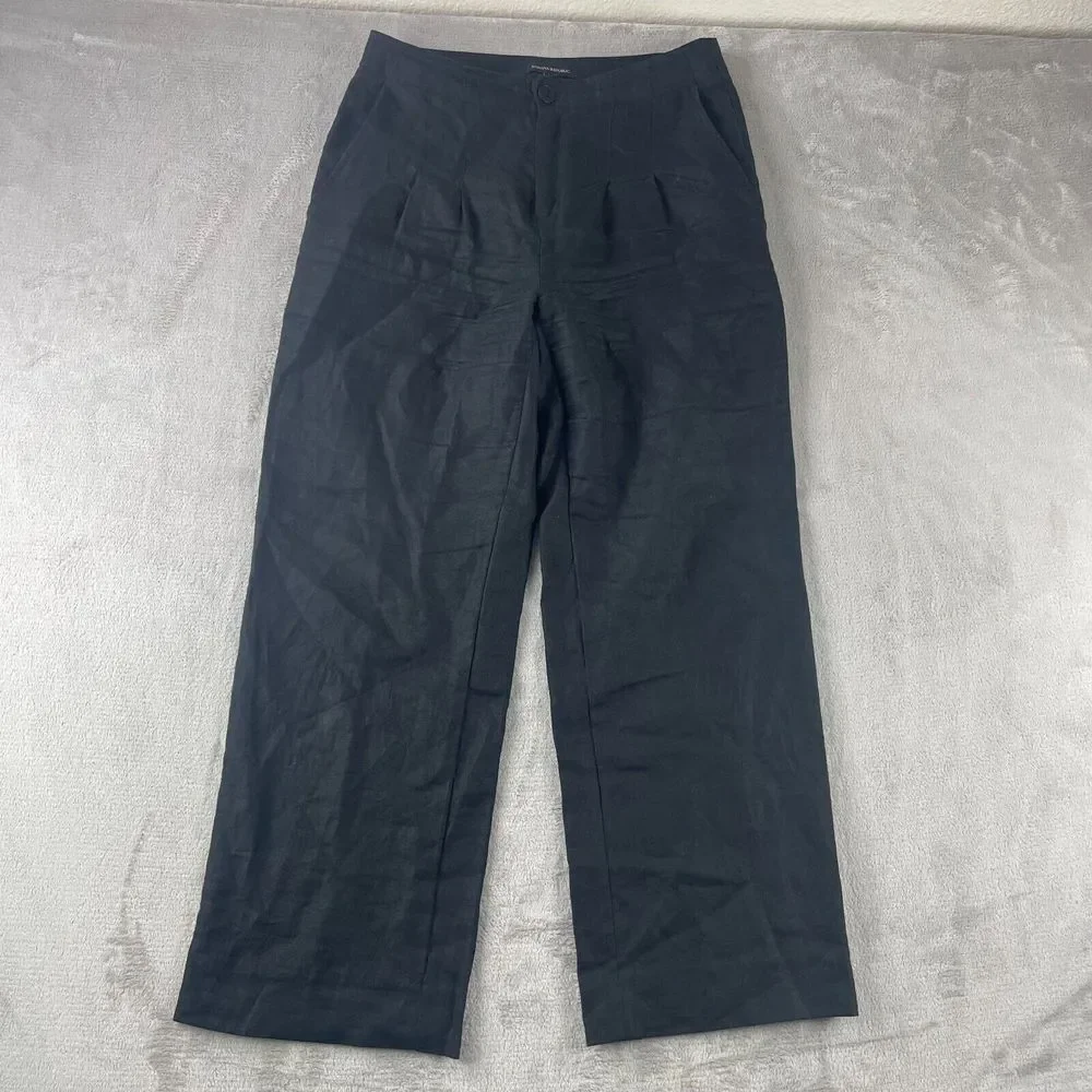 Banana Republic Wide Leg 100% Linen Pants Women Petite 6 Black Pleated‎ Summer